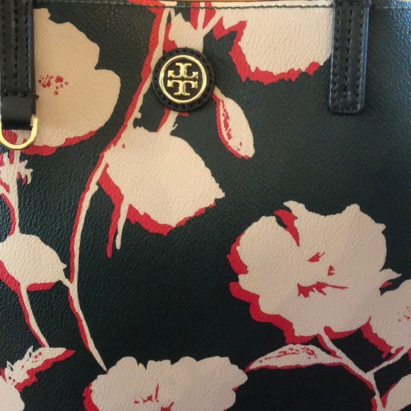 NWT Tory Burch Floral Tote Bag -Dark Green Leather - Picture 2 of 16